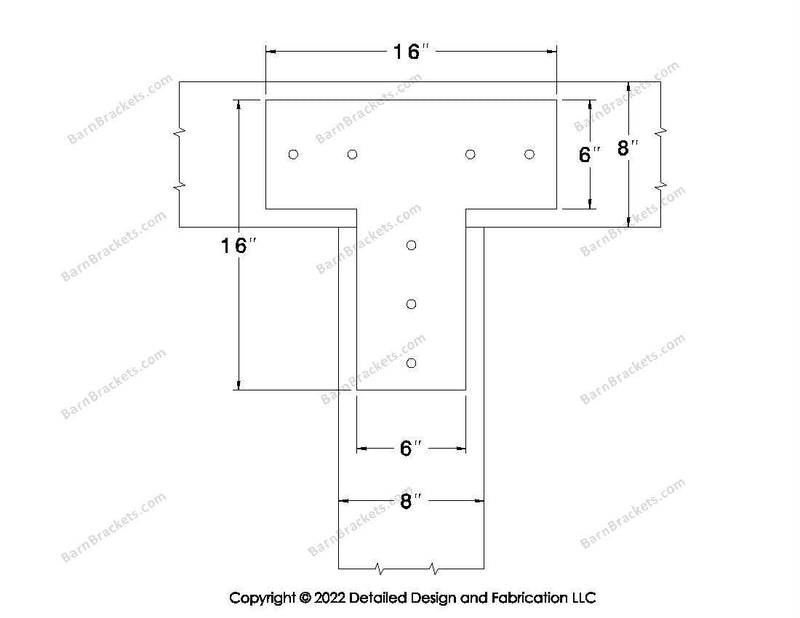 T shaped Brackets for 8 inch beams - Square - Centered style holes - BarnBrackets.com