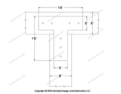 T shaped Brackets for 8 inch beams - Square - Centered style holes - BarnBrackets.com