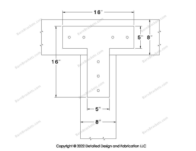 T shaped Brackets for 8 inch beams - Square - Centered style holes - BarnBrackets.com