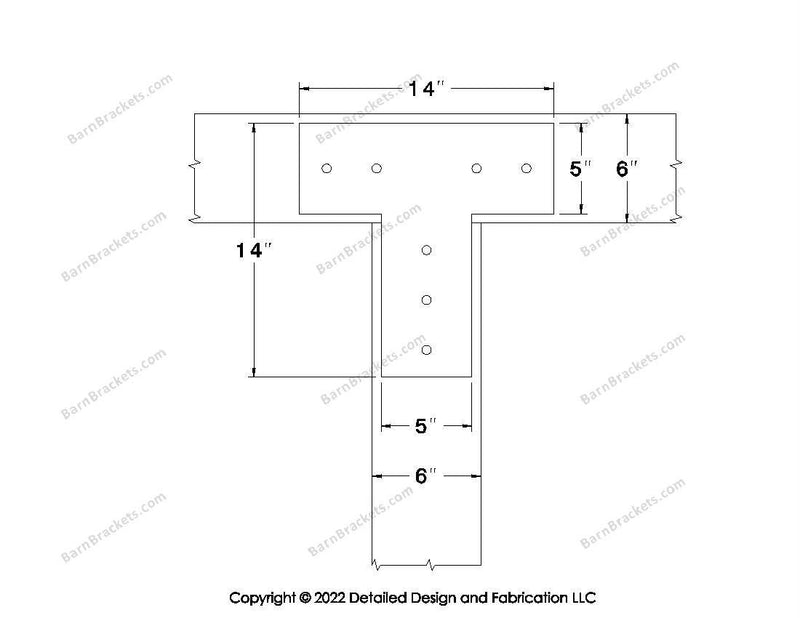 T shaped Brackets for 6 inch beams - Square - Centered style holes - BarnBrackets.com