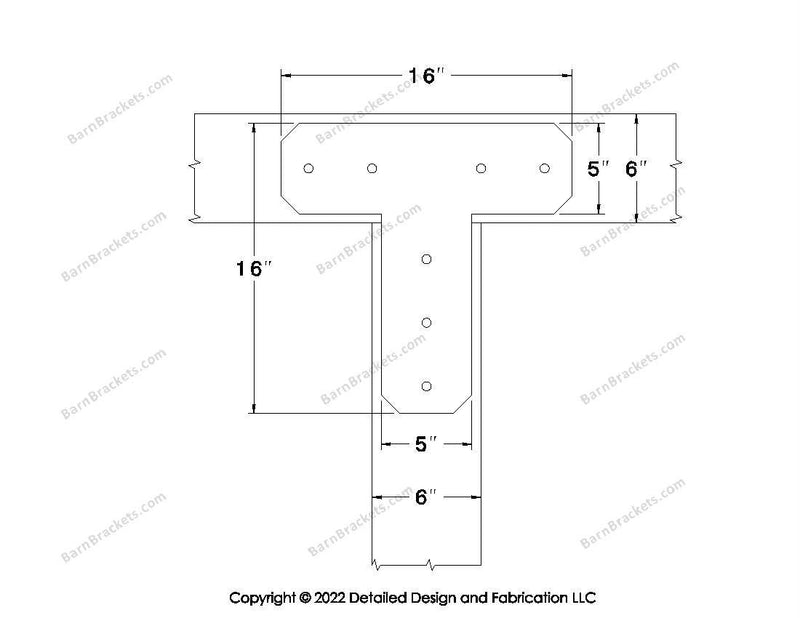 T shaped Brackets for 6 inch beams - Chamfered - Centered style holes - BarnBrackets.com