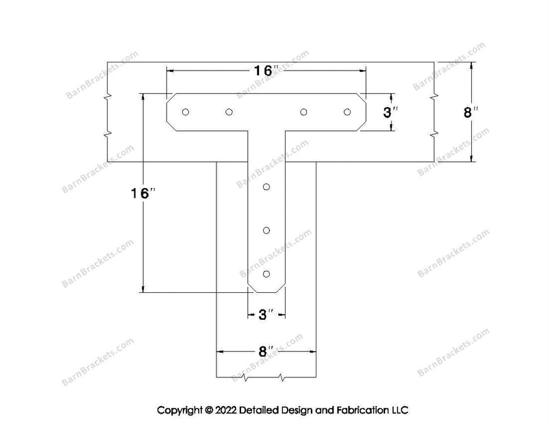 T shaped Brackets for 8 inch beams - Chamfered - Centered style holes - BarnBrackets.com