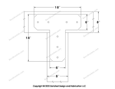 T shaped Brackets for 8 inch beams - Chamfered - Centered style holes - BarnBrackets.com