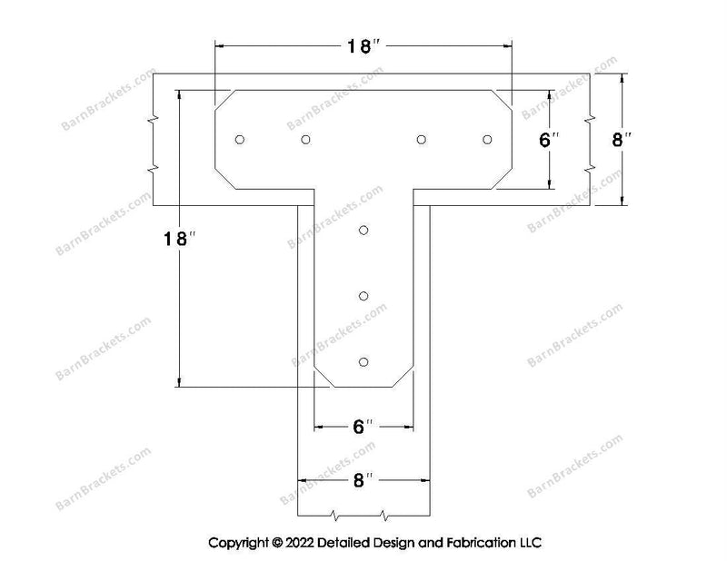 T shaped Brackets for 8 inch beams - Chamfered - Centered style holes - BarnBrackets.com