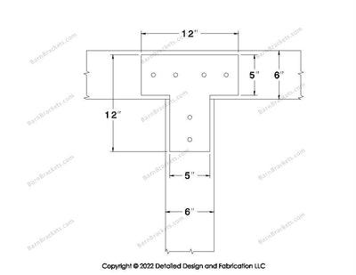 T shaped Brackets for 6 inch beams - Square - Centered style holes - BarnBrackets.com