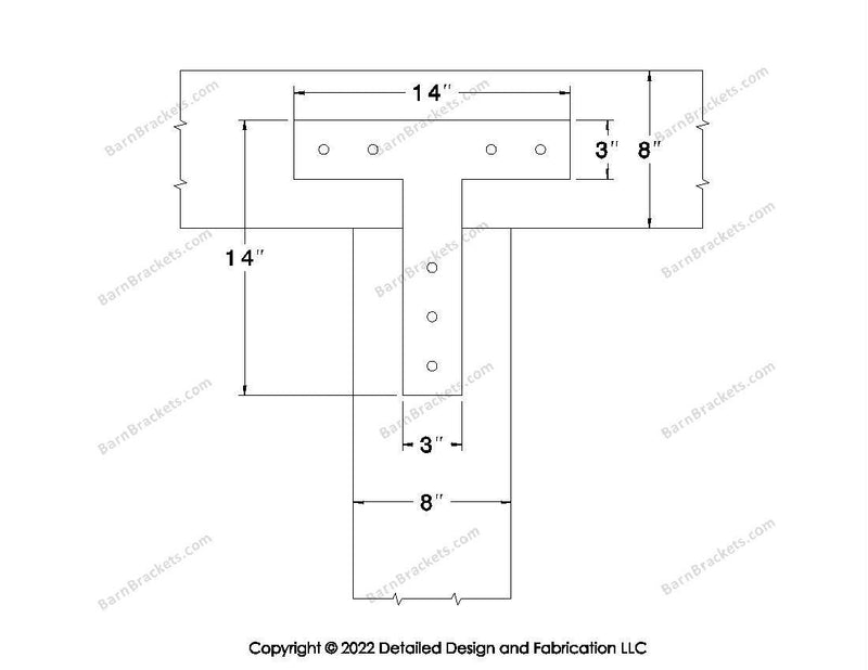 T shaped Brackets for 8 inch beams - Square - Centered style holes - BarnBrackets.com