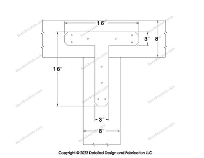 T shaped Brackets for 8 inch beams - Chamfered - Triangular style holes - BarnBrackets.com