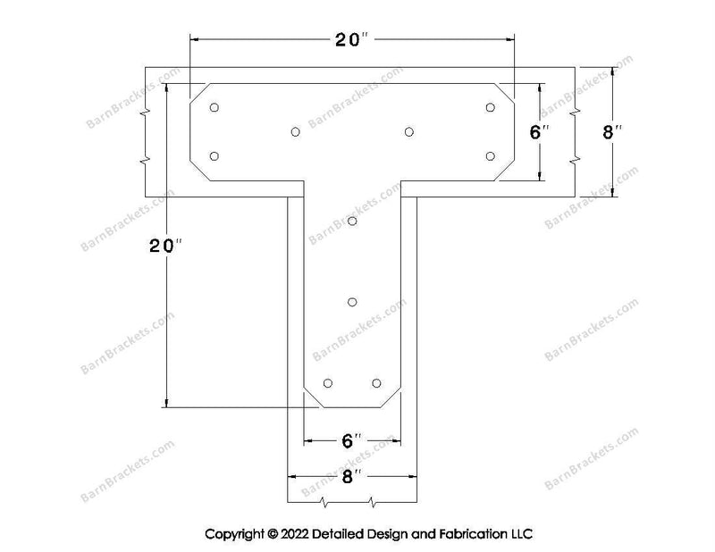 T shaped Brackets for 8 inch beams - Chamfered - Triangular style holes - BarnBrackets.com