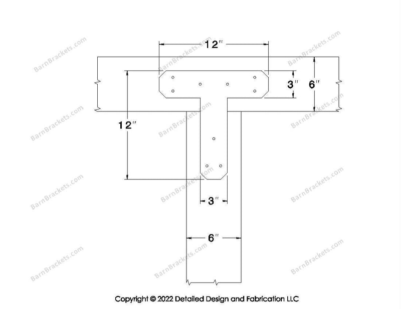 T shaped Brackets for 6 inch beams - Chamfered - Triangular style holes - BarnBrackets.com