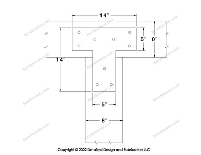 T shaped Brackets for 8 inch beams - Square - Triangular style holes - BarnBrackets.com