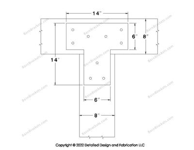 T shaped Brackets for 8 inch beams - Square - Triangular style holes - BarnBrackets.com