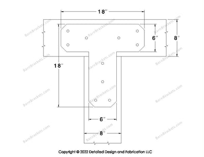 T shaped Brackets for 8 inch beams - Chamfered - Triangular style holes - BarnBrackets.com