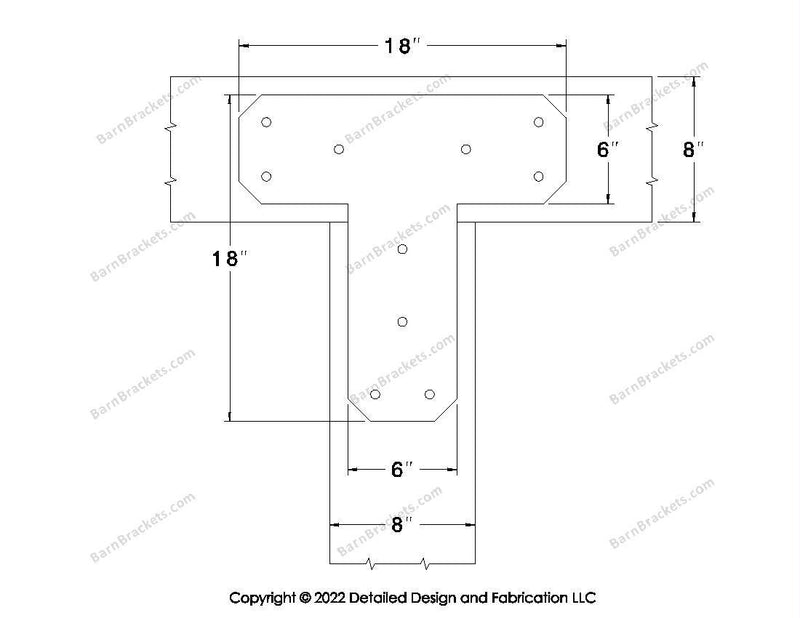 T shaped Brackets for 8 inch beams - Chamfered - Triangular style holes - BarnBrackets.com