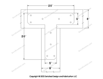 T shaped Brackets for 8 inch beams - Chamfered - Triangular style holes - BarnBrackets.com