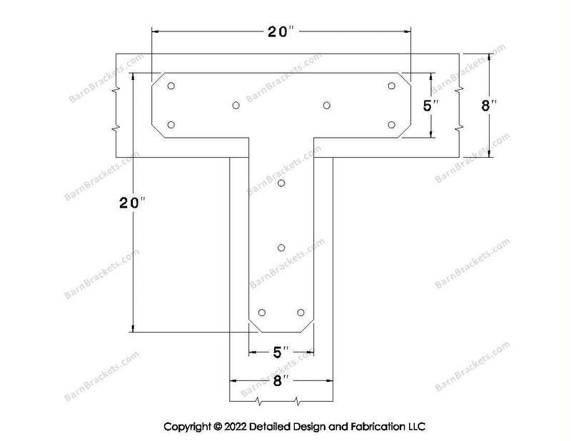 T shaped Brackets for 8 inch beams - Chamfered - Triangular style holes - BarnBrackets.com