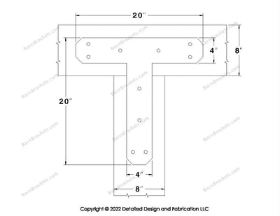 T shaped Brackets for 8 inch beams - Chamfered - Triangular style holes - BarnBrackets.com