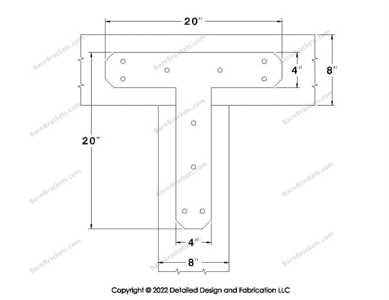 T shaped Brackets for 8 inch beams - Chamfered - Triangular style holes - BarnBrackets.com