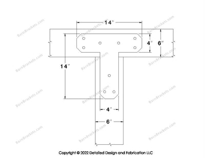 T shaped Brackets for 6 inch beams - Chamfered - Triangular style holes - BarnBrackets.com