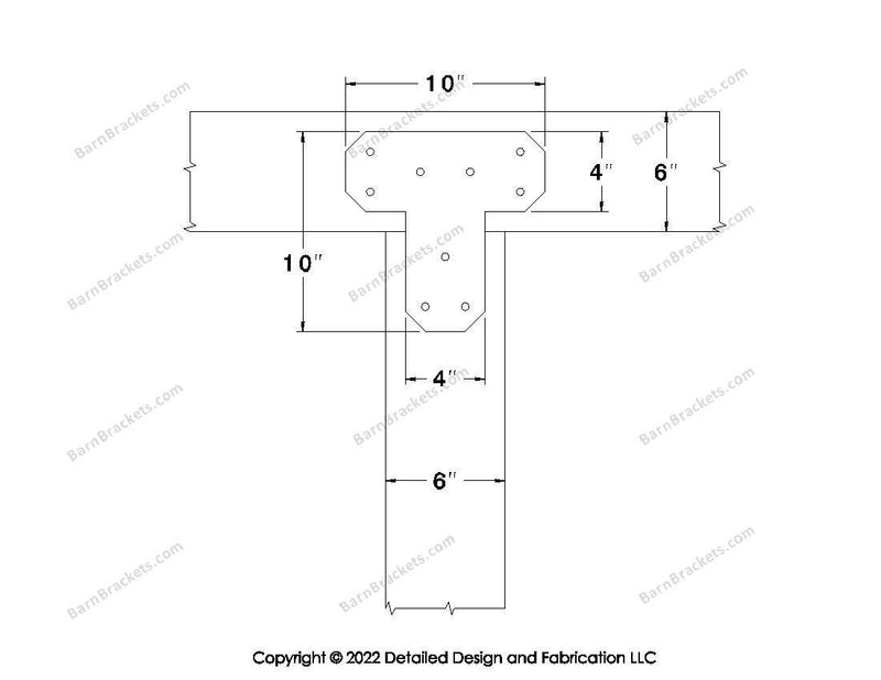 T shaped Brackets for 6 inch beams - Chamfered - Triangular style holes - BarnBrackets.com