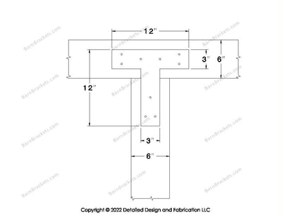 T shaped Brackets for 6 inch beams - Square - Triangular style holes - BarnBrackets.com