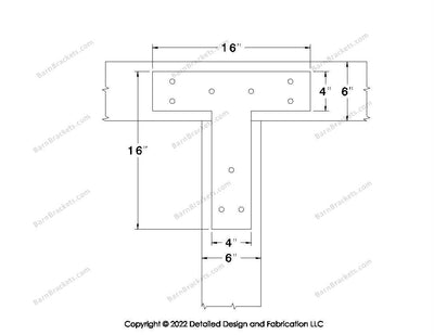 T shaped Brackets for 6 inch beams - Square - Triangular style holes - BarnBrackets.com