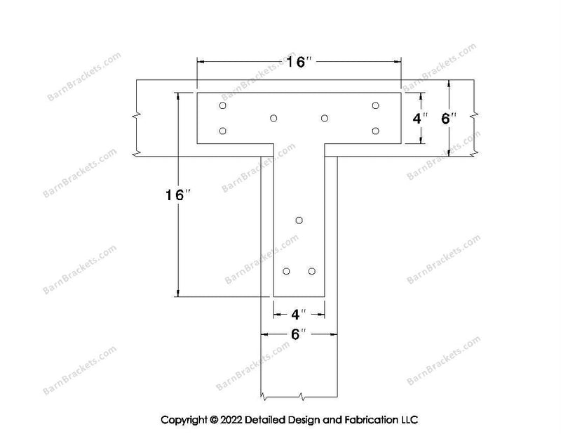 T shaped Brackets for 6 inch beams - Square - Triangular style holes - BarnBrackets.com