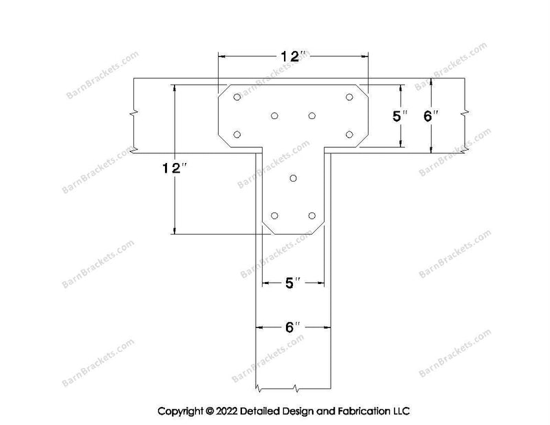 T shaped Brackets for 6 inch beams - Chamfered - Triangular style holes - BarnBrackets.com