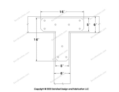 T shaped Brackets for 6 inch beams - Chamfered - Triangular style holes - BarnBrackets.com