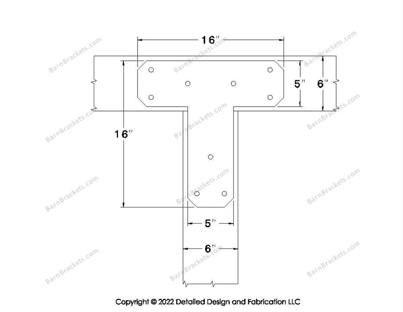 T shaped Brackets for 6 inch beams - Chamfered - Triangular style holes - BarnBrackets.com