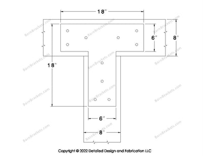 T shaped Brackets for 8 inch beams - Square - Triangular style holes - BarnBrackets.com