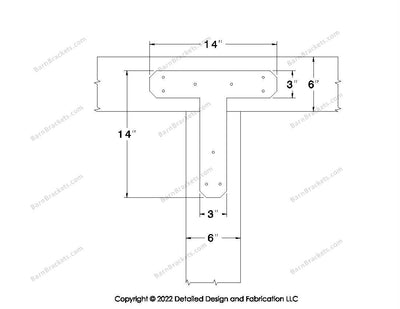 T shaped Brackets for 6 inch beams - Chamfered - Triangular style holes - BarnBrackets.com