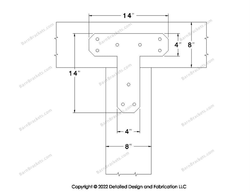 T shaped Brackets for 8 inch beams - Chamfered - Triangular style holes - BarnBrackets.com