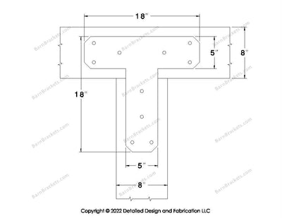 T shaped Brackets for 8 inch beams - Chamfered - Triangular style holes - BarnBrackets.com