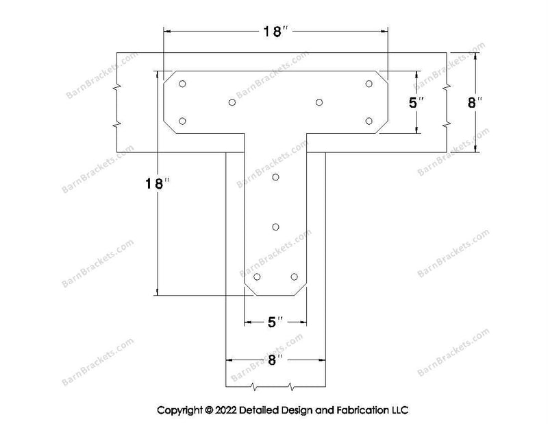 T shaped Brackets for 8 inch beams - Chamfered - Triangular style holes - BarnBrackets.com