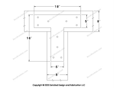 T shaped Brackets for 8 inch beams - Square - Triangular style holes - BarnBrackets.com