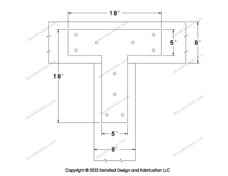 T shaped Brackets for 8 inch beams - Square - Triangular style holes - BarnBrackets.com