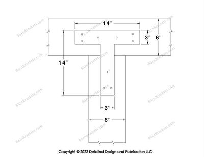 T shaped Brackets for 8 inch beams - Square - Triangular style holes - BarnBrackets.com