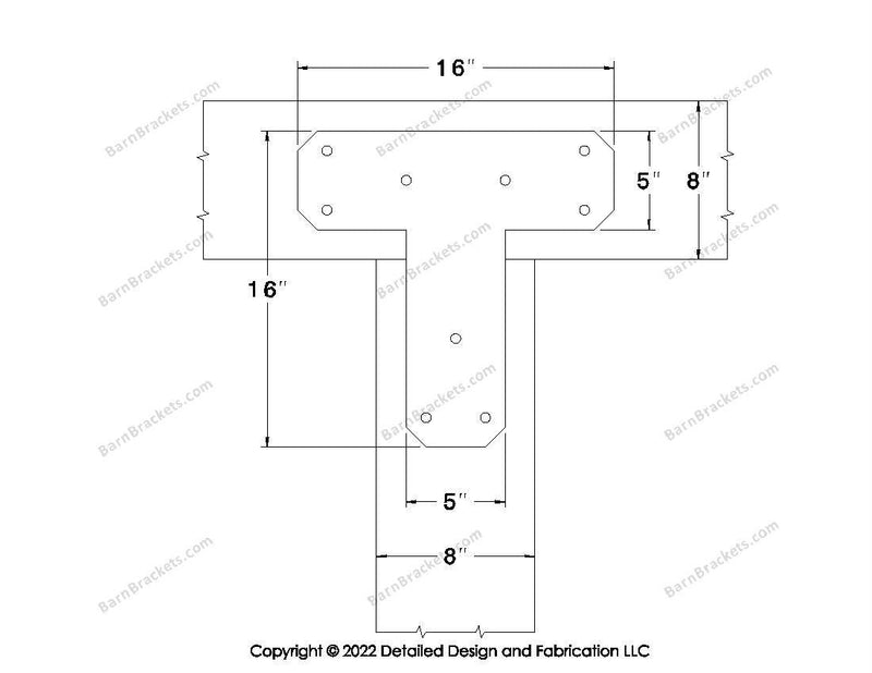 T shaped Brackets for 8 inch beams - Chamfered - Triangular style holes - BarnBrackets.com