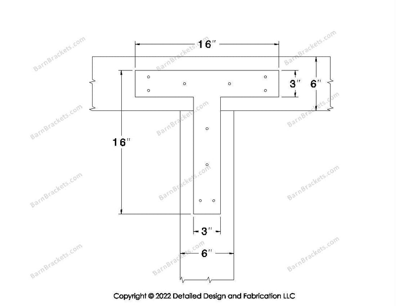 T shaped Brackets for 6 inch beams - Square - Triangular style holes - BarnBrackets.com