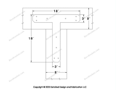 T shaped Brackets for 8 inch beams - Chamfered - Triangular style holes - BarnBrackets.com