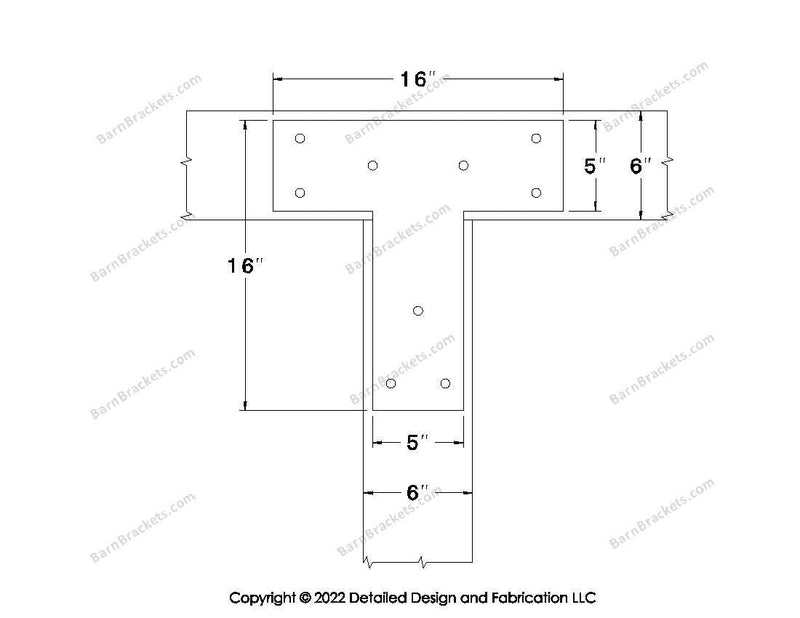 T shaped Brackets for 6 inch beams - Square - Triangular style holes - BarnBrackets.com