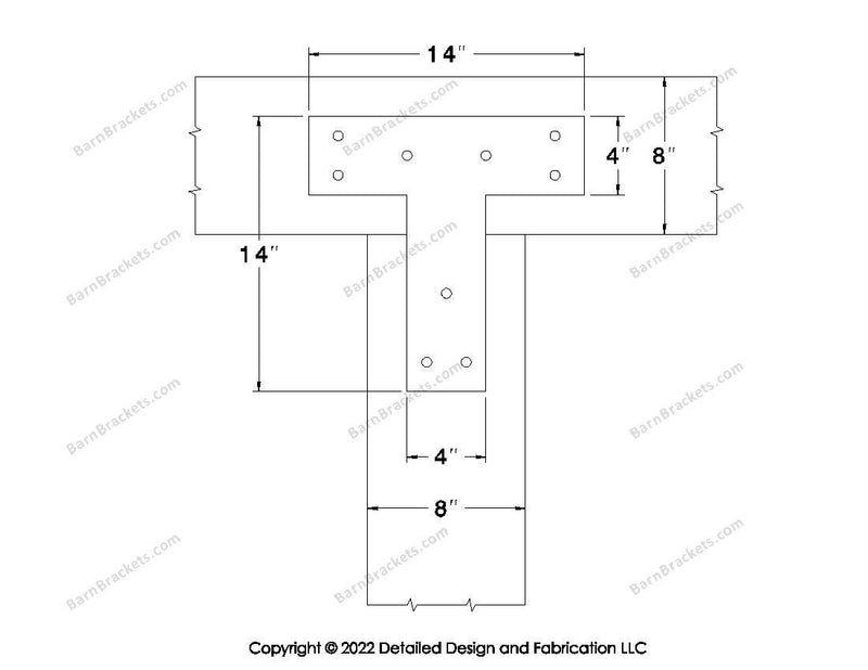 T shaped Brackets for 8 inch beams - Square - Triangular style holes - BarnBrackets.com