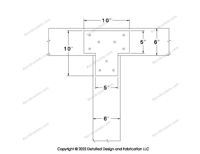 T shaped Brackets for 6 inch beams - Square - Triangular style holes - BarnBrackets.com