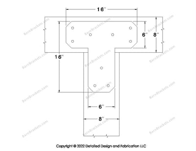 T shaped Brackets for 8 inch beams - Chamfered - Triangular style holes - BarnBrackets.com