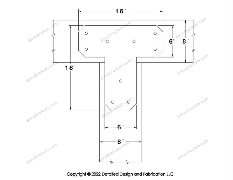 T shaped Brackets for 8 inch beams - Chamfered - Triangular style holes - BarnBrackets.com