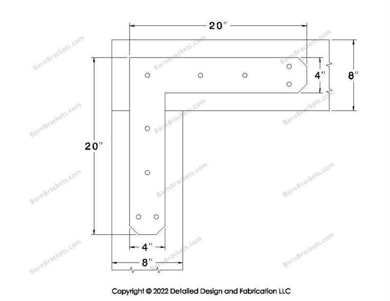 L shaped Brackets for 8 inch beams - Chamfered - Triangular style holes - BarnBrackets.com