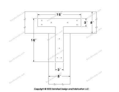 T shaped Brackets for 8 inch beams - Square - Triangular style holes - BarnBrackets.com