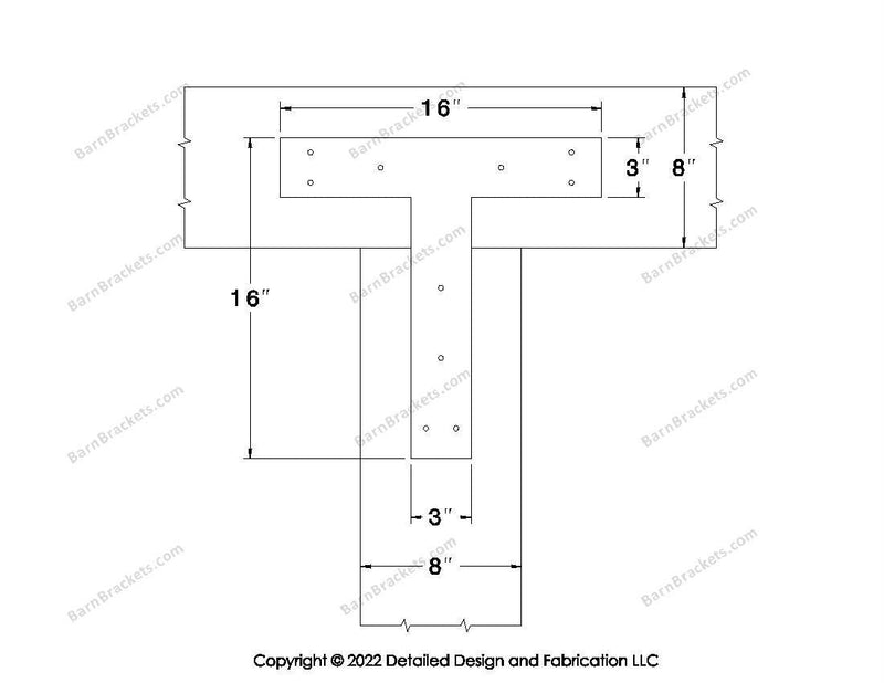 T shaped Brackets for 8 inch beams - Square - Triangular style holes - BarnBrackets.com