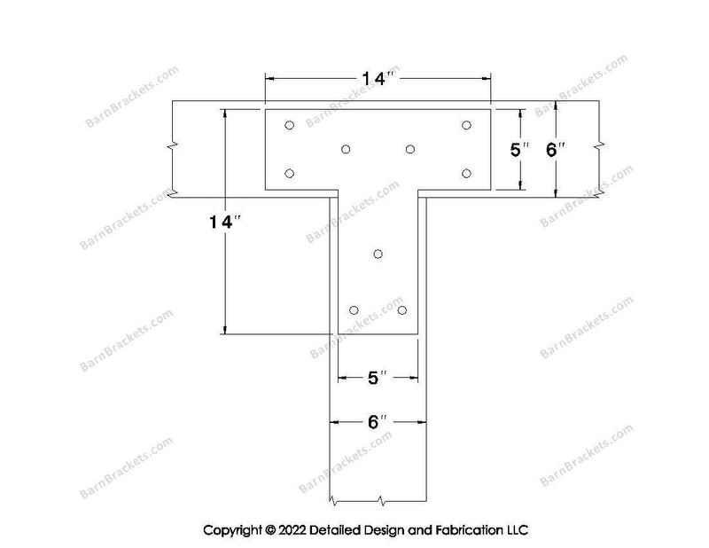 T shaped Brackets for 6 inch beams - Square - Triangular style holes - BarnBrackets.com