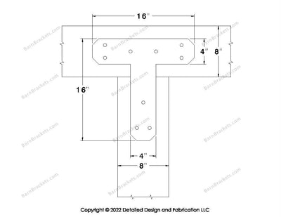 T shaped Brackets for 8 inch beams - Chamfered - Triangular style holes - BarnBrackets.com